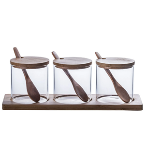 Kitchen <b>small</b> Canister Set with 3pc Glass Spice Jars Food Storage <b>Containers</b> for Sugar Cover Condiments Wooden Spoon - Product Image 1
