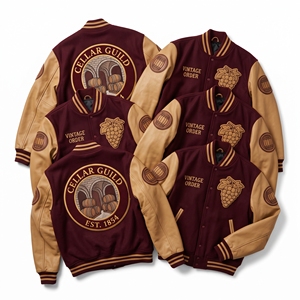 Blouson Bomber Varsity OEM en Laine Teal avec Manches en Cuir Tan et Broderie Sluice Gate Waterway – Manteau Letterman - Product Image 2
