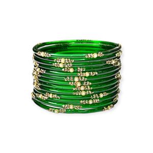 Ensemble de bracelets en verre tendance plaqués or vert foncé avec des pierres de perles de coupe émeraude pour les mariages et les fêtes - Product Image 3