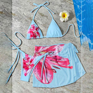 Wine Red 2 Piece Plus Size Bikini Set Triangle Top <b>V</b>-<b>Strings</b> Bottom Floral Mesh Wrap Skirt Quick Dry Front Sexy Vacation - Product Image 4