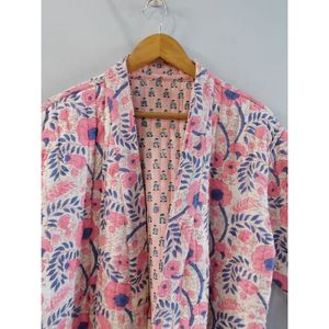 Kimono acolchado de algodón con estampado Floral, bata de baño, ropa de invierno, chaqueta cálida, color rosa - Product Image 4