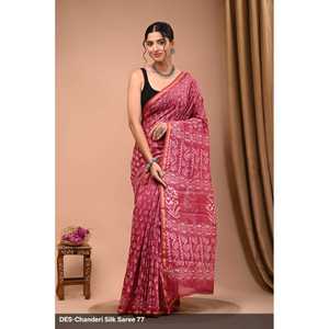 Sari de Seda Chandri Pintado a Mano con Modelo Banarasi, Estilo Bollywood Suave, Tela Pesada de Georgette y Modal para Fiestas, Precio Bajo - Product Image 1