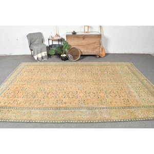 Alfombra de lana turca Vintage de 7 pies X 10 pies, respaldo de látex de tejido plano de retazos beige y azul para decoraciones de sala de estar - Product Image 1