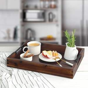 Plateau de rangement en bois massif de qualité supérieure avec poignées latérales en métal noir robustes, cadre profond pour cuisine, salle à manger, table basse, décoration intérieure - Product Image 2