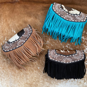 Petit sac à bandoulière à franges en cuir suédé turquoise et outillé fait main pour femmes Western Hair On Cowhide Floral Shoulder Purses - Product Image 4