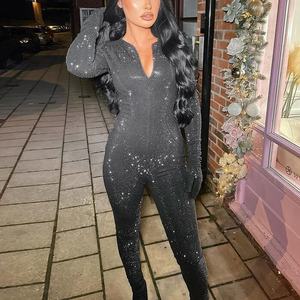 Barboteuses pleine longueur nouvel été vente entière imprimer <span class=keywords><strong>body</strong></span> femmes Sexy BodyCon <span class=keywords><strong>paillettes</strong></span> à manches longues noir combinaison - Product Image 1