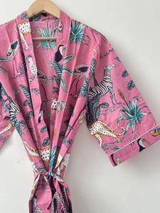 Bata de dama de honor hecha a mano con estampado de bloques de algodón, Kimono Floral, bata para bodas, ropa de dormir, albornoz para playa, vestidos informales - Product Image 4