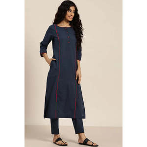 Conjunto de Kurta de Algodón Sólido Azul Marino para Mujer, Conjuntos de Traje para Mujer - Product Image 2