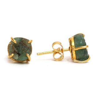 8-10mm Raw Emerald Stone Gold Plated Prong Set Stud <b>Earrings</b> Handmade Birthstone Dainty Minimalist Jewelry for Women - Product Image 5
