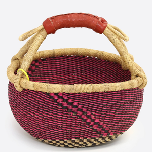 Ghana Handmade Bolga <b>Basket</b> from Natural Grass with Leather Wrapped Handle for Decorative Storage and Grocery Tote - Product Image 2