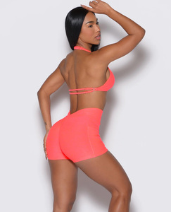 ชุดออกกำลังกายขาสั้นเอวสูงสำหรับผู้หญิงชุดออกกำลังกายเล่นฟิตเนส2ชิ้นสีชมพูนีออนออกแบบได้ตามต้องการ - Product Image 4