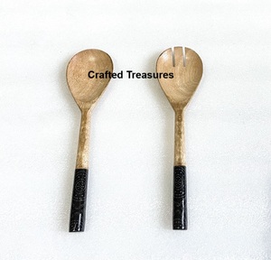 GRANDE REMISE Émail Prints Couverts Salade Serveur Ensemble Cuillère et Fourchette Avec Poignée D'impression En Émail Noir pour Table Salade Serveur Ensembles - Product Image 1