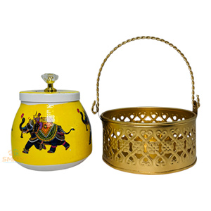 Iron Printed Pichwai Design Dry Fruit <b>Jar</b> with Decorative Basket Set Metal Food <b>Storage</b> & Wedding Gifting for Kitchen Use - Product Image 3