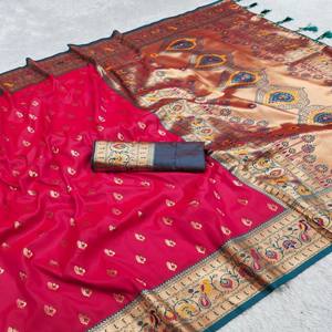 Sari de Seda Paithani Suave VASTRA COTTAGE con Pallu de Pavo Real Meenakari, Borde Tejido Meenakari, Borlas y Blusa en Contraste - Product Image 4