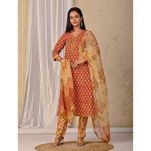 Conjunto de pantalón y kurta Anarkali estilo indio rojo, de algodón estampado Butta Block con tela de red de seda, ropa étnica para fiestas y ocasiones especiales. - Product Image 6