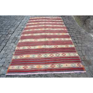Alfombra Vintage turca Kilim rojo Beige 5,1X9,7 pies 10mm respaldo de látex de lana patrón de rayas de retazos para sala de estar pasillo nuevo - Product Image 1