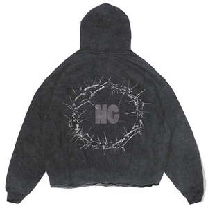 Haute qualité Vintage lavé hommes sweat à capuche court noël respirant personnalisé surdimensionné brodé sérigraphie ourlet brut hiver - Product Image 2