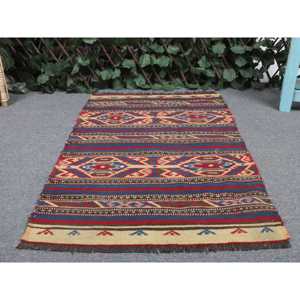Vintage Traditional Kilim Rug 1.9x3.1 ft <b>Red</b> Blue Patchwork <b>Wool</b> Turkish Medium Pile Eco Friendly Latex Backing - Product Image 4