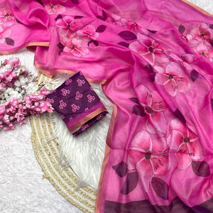 Diseño de última moda de lujo pesado Chandri algodón seda Rosa Saree fiesta Festival impresión Digital Saree para mujeres ropa exclusiva - Product Image 1