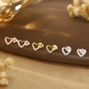 Aretes Pequeños y Lindos al por Mayor, Oro Blanco Puro de 14K o Plata, con Diamantes de Laboratorio, Diseño de Corazón Hueco, para Uso Diario y Fiestas, Regalo para Niñas - Product Image 5