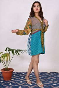 ชุดเดรสผ้าไหมพิมพ์ลายมินิสำหรับผู้หญิงทำด้วยมือแขนยาวสีพื้นสไตล์อินเดียชุดงานปาร์ตี้ผ้าทอและซักได้ - Product Image 2