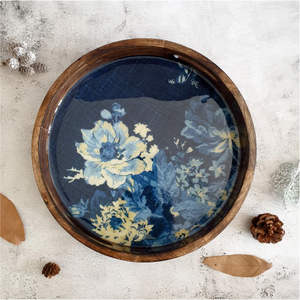 Handmade Wooden Serving <b>Tray</b> <b>with</b> Floral Print Round Enamel Coating Glossy Look Decorative Floral Printed Serving <b>Tray</b> <b>Handle</b> - Product Image 3