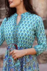 Robe Skye imprimée à la main, bohème, en pur coton, décontractée, occasionnelle, été, bleu vert - Product Image 6