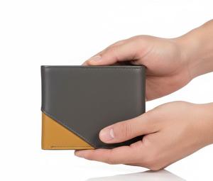 Portefeuille en cuir gris et jaune pour homme, accent géométrique, élégant et moderne, à double rabat et porte-cartes multiples - Product Image 5