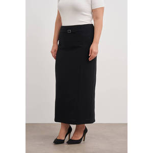 Falda lápiz negra para mujer con cinturón y volantes - Tela de estambre, cintura regular, talla XS - Product Image 2