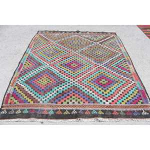 Alfombra Turca Vintage de 6.3x7.6 pies (193x231 cm), Alfombra de Lana Azul Kilim - Product Image 1