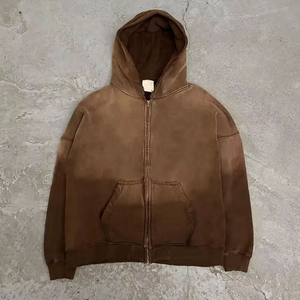 เสื้อฮู้ดกันหนาวแบบสตรีทผ้าฟลีซแบบวินเทจสองชั้นซักด้วยกรดซีดจาง - Product Image 3