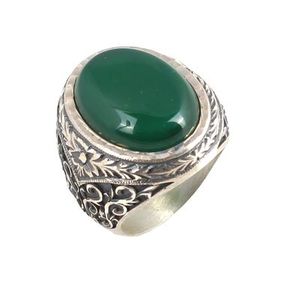 Hand-Engraved 925 Sterling <b>Silver</b> Oval <b>Ring</b> for <b>Men</b> with Green Agate Stone (Rhodium Plated) - Product Image 1