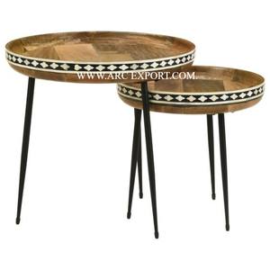 Juego de madera natural con borde de trabajo con incrustaciones de hueso de 2 mesas marroquíes de diferentes tamaños Vintage nueva llegada tambor Mesa marroquí por ARC Export - Product Image 1