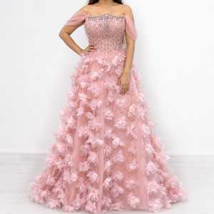 Vestido de Noche Azul Cielo con Apliques Florales 3D en los Hombros, de Satén, Corte A, Cola Capilla, Largo hasta el Suelo, para Mujer, Diseño de Diseñador, para Recepción Nupcial y Fiesta de Gala - Product Image 1