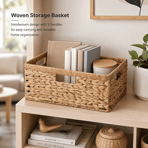 Panier de <span class=keywords><strong>rangement</strong></span> carré en jacinthe d'eau naturelle tressé à la main avec trois poignées, style rustique, pour la décoration intérieure, vente en gros, OEM - Product Image 3