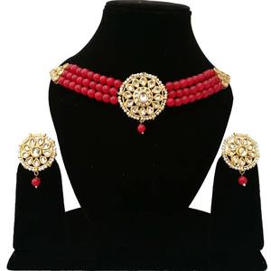 Ensemble de bijoux ethniques de style nuptial Kundan, collier en alliage perlé, boucles d'oreilles, Maang Tikka, conçu pour les mariages et les fêtes - Product Image 1