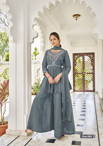 Traje Palazzo con Dupatta de Chifón Chi-non, Bordado en Seda y Trabajo Manual, para Venta al por Mayor - Product Image 4