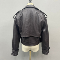 Veste moto en cuir véritable pour femme, style court, col ouvert, manches longues, veste d'automne