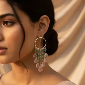 "Gold Plated Geometric <b>Green</b> & Pink Gemstone Drop <b>Earrings</b> for Women's Party Occasions" - Product Image 1