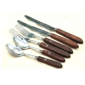 Set of 5 Eco-Friendly Vintage Stainless Steel Flatware Wood Handle Shiny Polished Sustainable Home Weddings Hotels Giveaways - Product Image 3