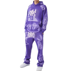 Sudadera con capucha y pantalones acampanados lavados Vintage de algodón pesado personalizado, chándal OEM con lavado ácido para hombres - Product Image 1