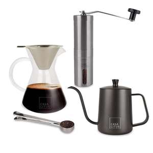 Ensemble cadeau de café au design classique moderne, cafetière à filtre de 600 ml avec carafe, moulin à café, cuillère, sac de voyage, matériaux en bois, métal et PC - Product Image 1