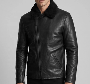 Veste en cuir véritable pour homme avec doublure en sherpa, fermeture éclair, style motard, vêtement d'automne, coupe classique, col rabattu - Product Image 2