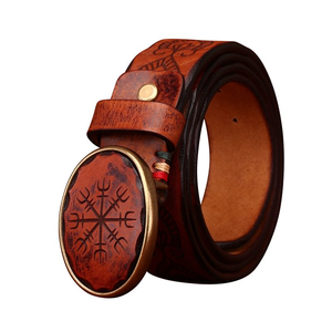 Cinturón de Cuero con Hebilla Lisa y Patrón Tallado de Estilo Vintage Original para Hombre, Cinturón de Cuero Vacuno Genuino - Product Image 1