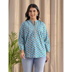 Blusa Azul Butti de Algodón con Botones Delanteros, Estampado Floral, Logotipo Bordado, Cuello con Volantes, Corte Holgado para Mujer, Talla XL, Estilo Coreano - Product Image 4