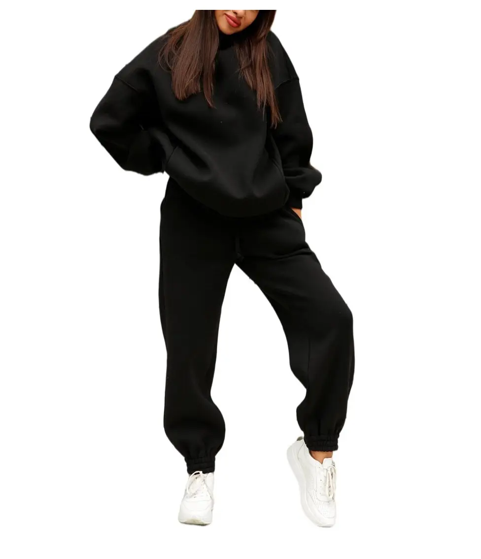 OEM Atacado Personalizado Logotipo Sportswear Sweatsuit Workout Fitness Fleece Plus Size Cor Preta Corredores Conjuntos Treino Para As Mulheres