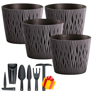 <b>Set</b> of 4 Sandy Round 3L round plastic flower pots in anthracite color 18.9 x 18.9 x 16.5 cm + FREE <b>set</b> of 6 <b>garden</b> <b>tools</b> - Product Image 1