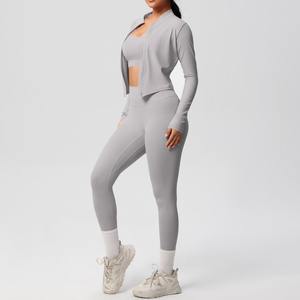 Femmes Gym Fitness Zipper Trois Pièces Active Wear Yoga Set Logo Personnalisé Taille Élastique Manches Longues Shorts Solide Respirant - Product Image 3