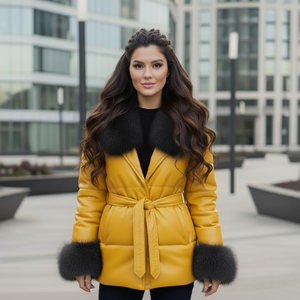 Blouson d'hiver en cuir pour femme avec col en fourrure de renard, fermeture éclair, coupe-vent, style motard, blouson matelassé - Product Image 1