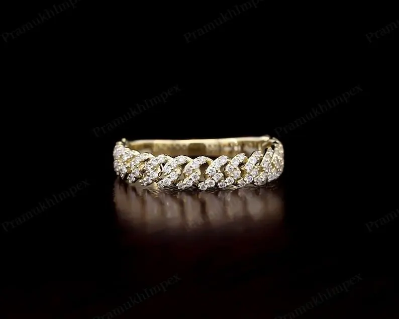Antique 4 MM Lab Grown Diamond Cuban Link Chain Wedding Band 10K Yellow Gold Iced Out Diamond Engagement Ring Hip Hop Rings